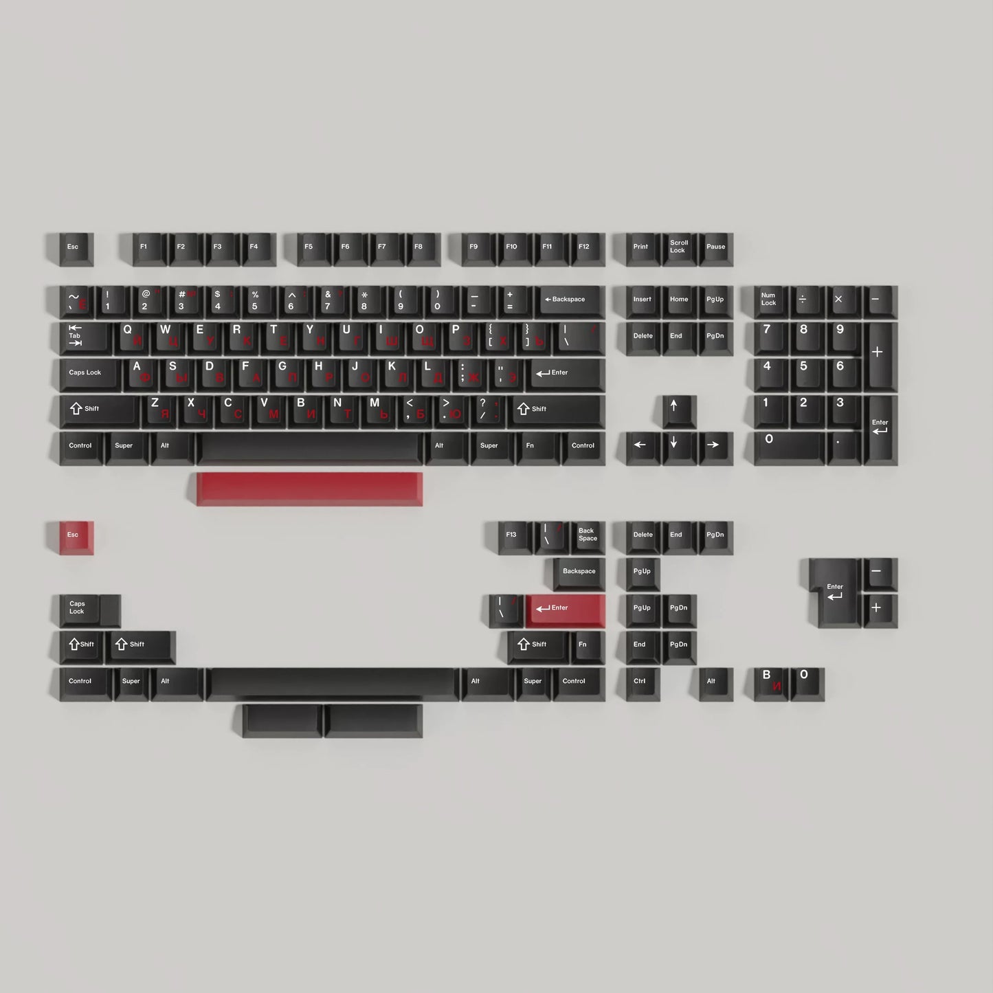 WOB multilingual keycaps with red spacebar option
