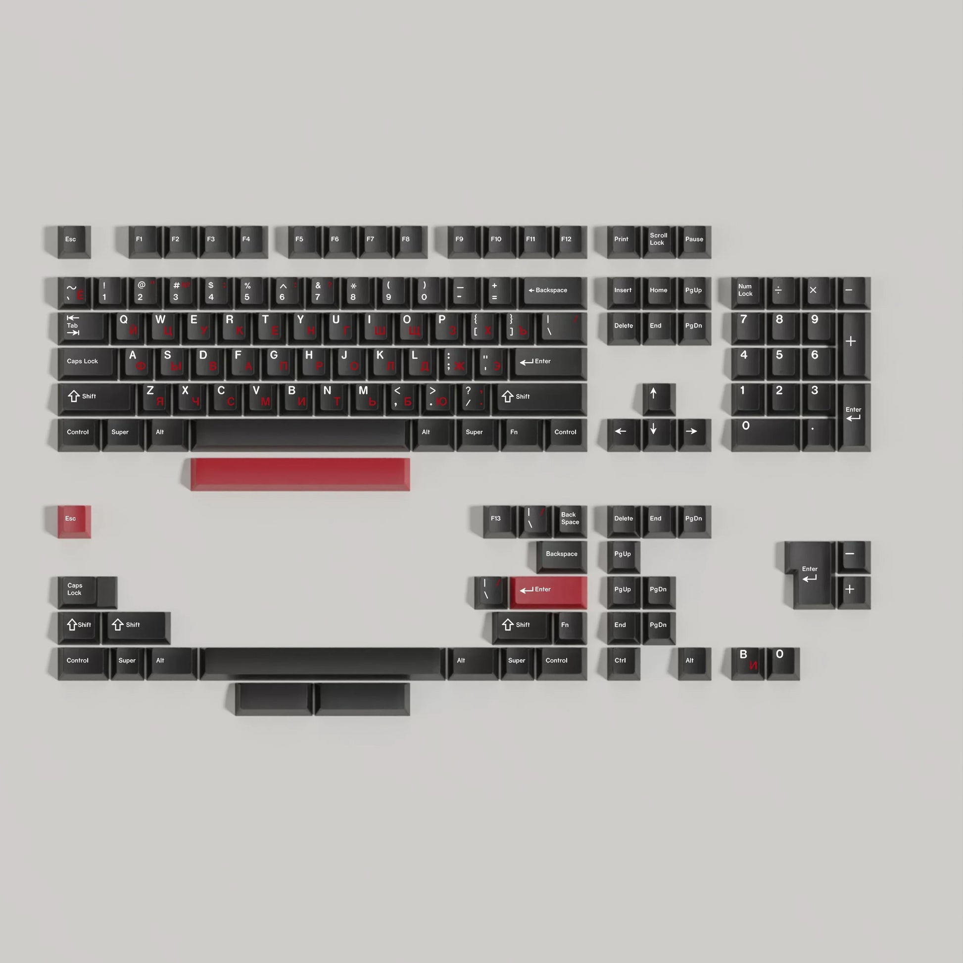 WOB multilingual keycaps with red spacebar option