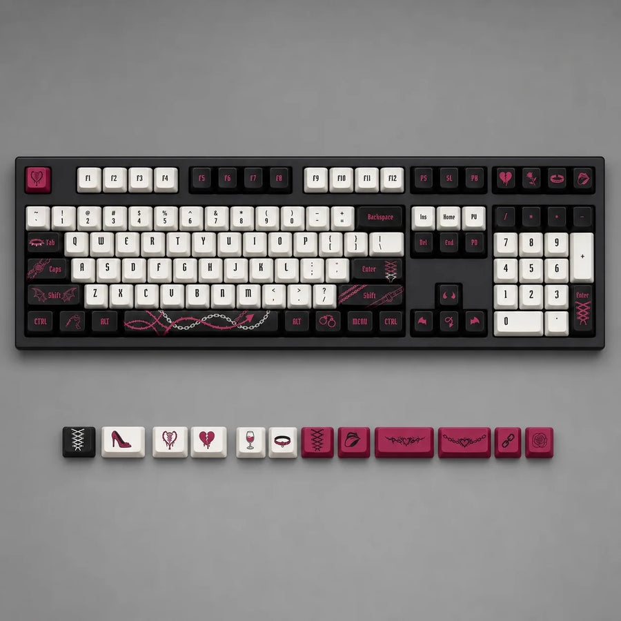 Top view of the Lust original keycap set with novelty keys